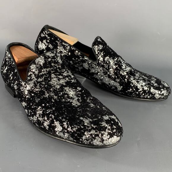 JIMMY CHOO Size 11 Velvet Glitter Devore Sloan Black Silver Slip On Loafers - Picture 1 of 10